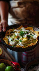 Authentic Mexican Chilaquiles Verdes in Earthenware Dish
