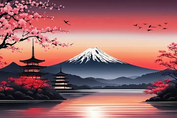 Rolgordijnen Serene landscape with mountain, pagoda in background. Sky is filled with beautiful pink hue, and moon is shining brightly. Concept of peace, tranquility.For art, creative projects, fashion, magazines. © Anzelika