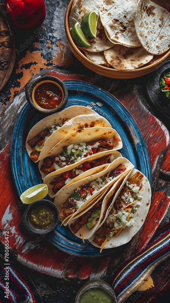 Wall mural delicious chicken tacos served on rustic stone board with fresh ingredients