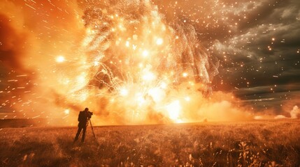 Obraz na płótnie Canvas Photographer captures firework explosion in vast field, camera in focus