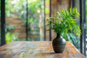 Fototapeta premium Freshen up the hotel interior with green plants and flowers in a wooden table in the beautiful green room