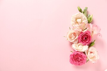 Happy Mother's Day. Beautiful roses on pink background, flat lay. Space for text