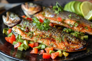 Fried trout with avocado tatar