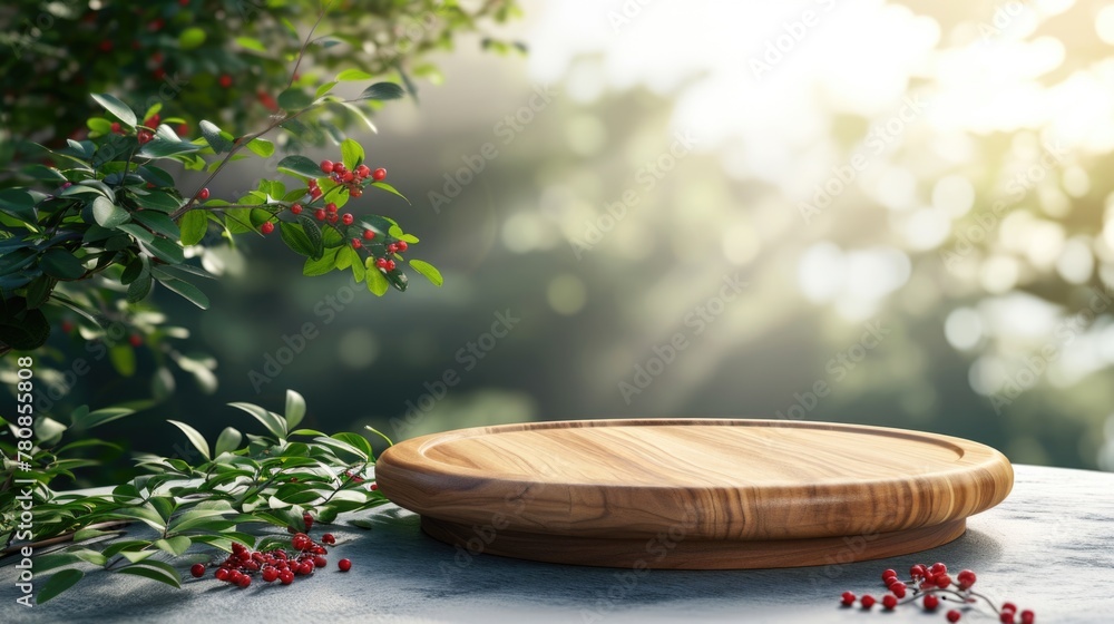 Poster a wooden tray with a few berries on it. the image has a natural and rustic feel to it, with the wood