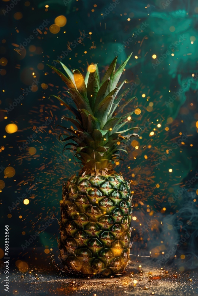 Poster a pineapple is sitting on a table with a lot of sparkles around it. the sparkles give the image a fe