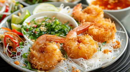 Vietnamese dish Cho tom, deep fried shrimp with rice noodles and sauce.