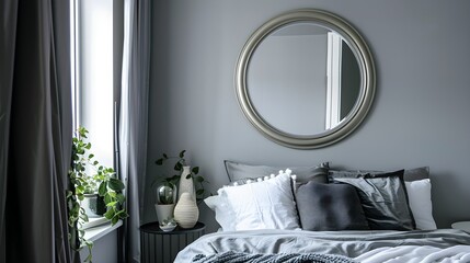 Gray bedroom corner with round mirror