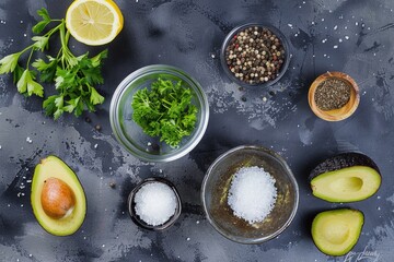 A bowl of salt and pepper sits on a counter next to a bowl of parsley and a lemon