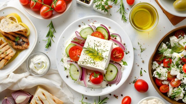 Greek gastronomy, traditional dishes feta, yogurt, tzatziki, moussaka, Greek salad and fish