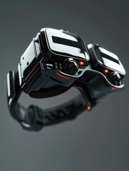 A futuristic wristwatch with a black band and a silver face. The watch is designed to look like a pair of goggles, with a red light on the face. The watch is sleek and modern