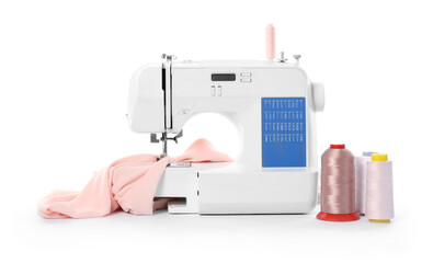 Sewing machine with fabric and spools of threads isolated on white