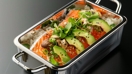 Yuzu flavored container dish with salmon and avocado, shimeji, leeks and rice.