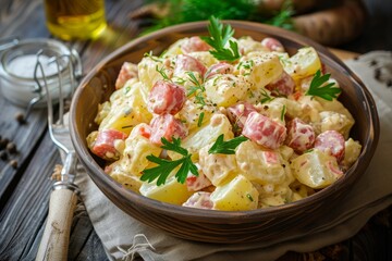 German potato salad with sausages and mustard Traditional Christmas meal from Bavaria