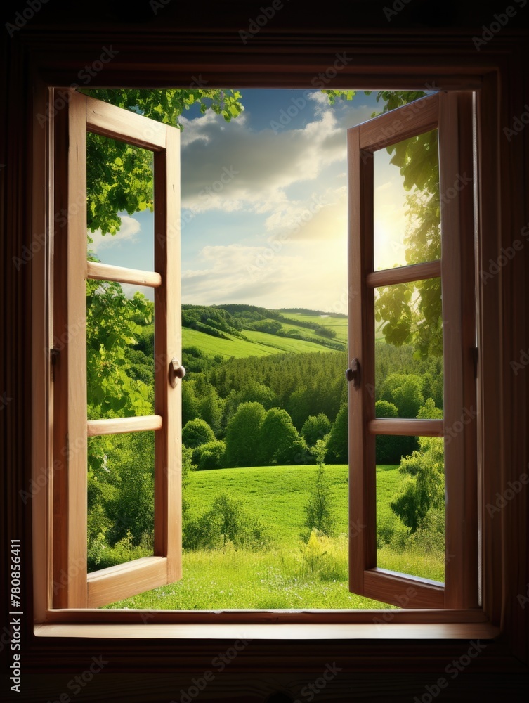 Poster a window with a view of a green field and trees