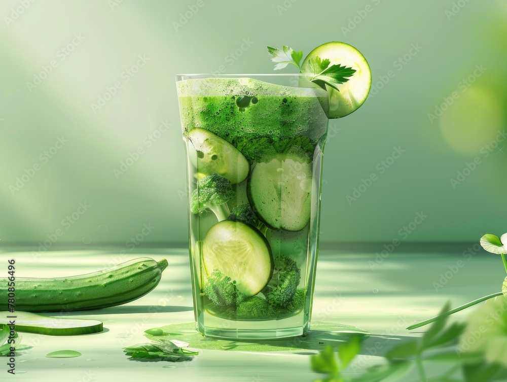 Poster a glass of cucumber juice with cucumber slices on top. the glass is on a table with a green backgrou