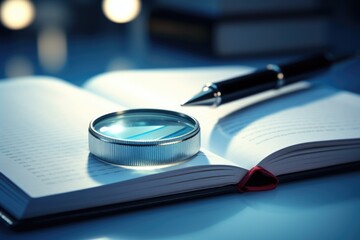 A magnifying glass is on top of a book. The magnifying glass is on the book because it is being...