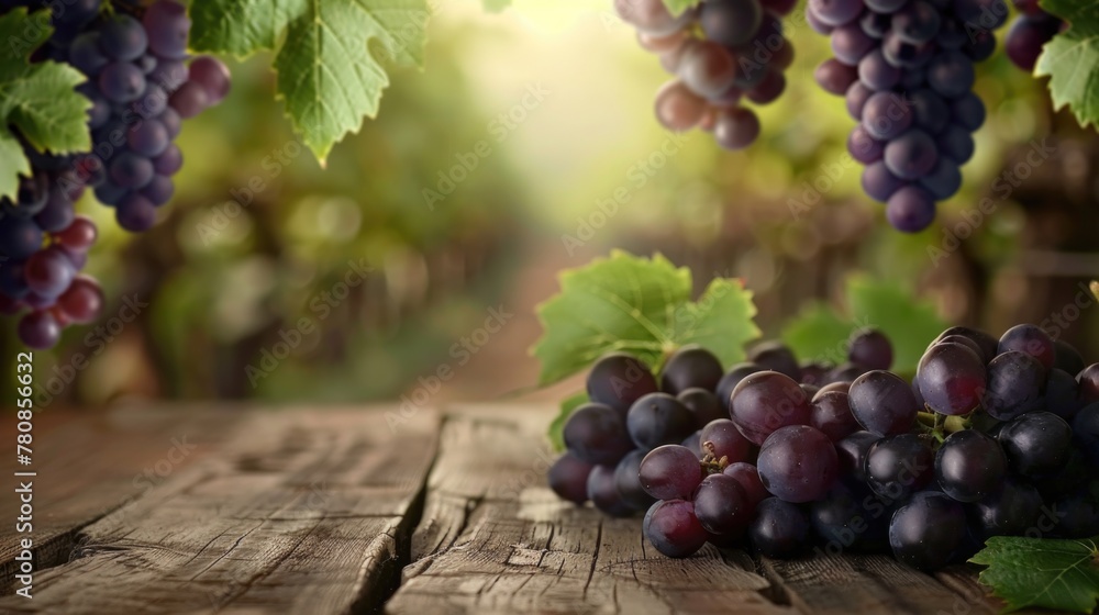 Poster a bunch of grapes on a rustic wooden table. suitable for food and beverage concepts