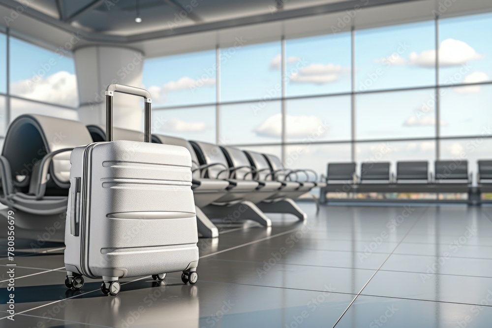 Poster a white suitcase is sitting on the floor in an airport terminal. the suitcase is open and the handle