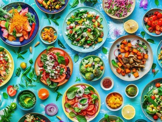 A table full of various types of food, including salads, fruits, and vegetables. The table is set with many different plates and bowls, and the food is arranged in a colorful and appetizing manner