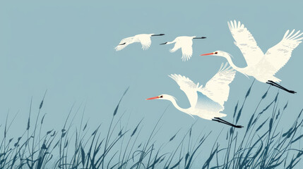watercolor illustration, vintage style, World Migratory Bird Day, flock of migratory white cranes on a blue background, thickets of reeds, copy space place for text