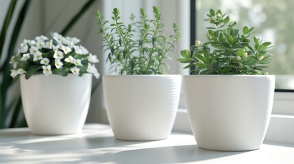 Three potted plants sitting on a window sill, perfect for interior design projects - Powered by Adobe