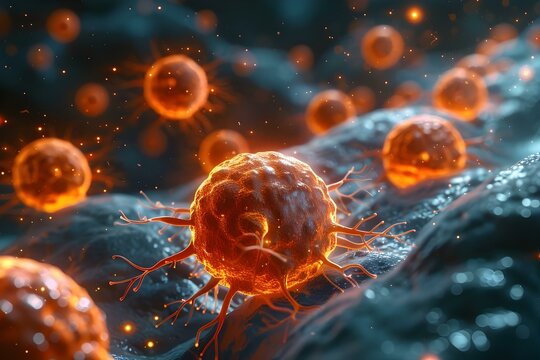 CAR T cells attacking cancer cells in a medical illustration. Concept Medical Illustration, Cancer Treatment, Immunotherapy, CAR T Cells, Cell Biology