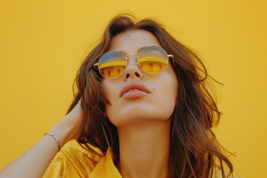 A stylish woman wearing sunglasses and a yellow shirt. Suitable for fashion or summer themed projects