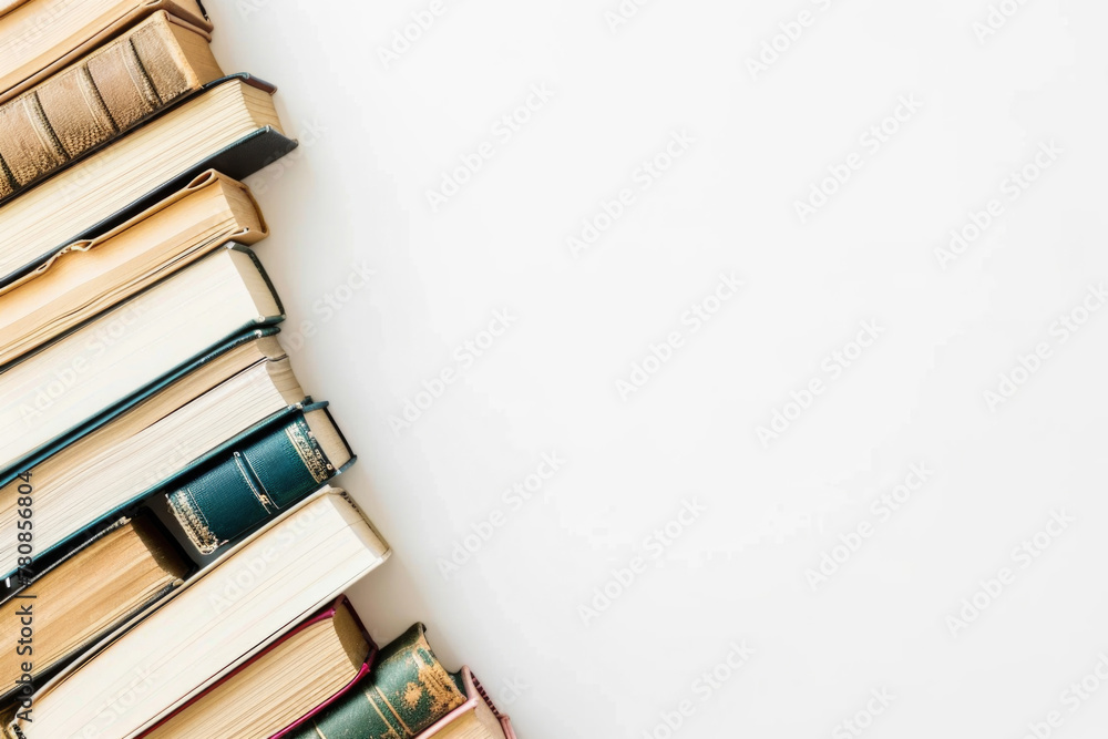 Poster a row of books with a white background. the books are of different sizes and colors. concept of know