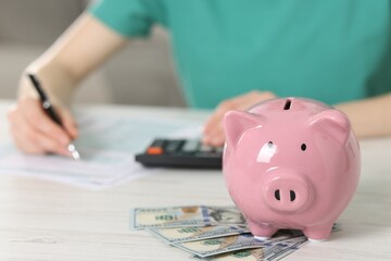 Financial savings. Woman using calculator at white wooden table indoors, focus on piggy bank and dollar banknotes