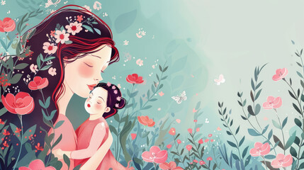 watercolor illustration, vintage style, Mother's Day, elegant silhouette of mother and daughter among flowers on a blue background, copy space place for text