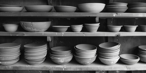 Black and white photo of bowls on shelf. Perfect for kitchen or home decor