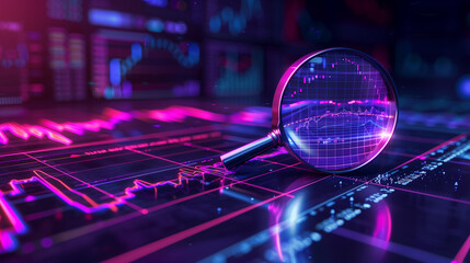 Data analysis for search engine optimization   magnifier, charts, graphs. ultraviolet and neon screen. 