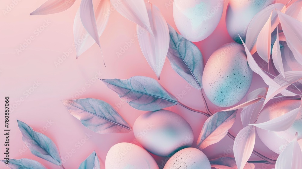 Poster a close up of a bunch of eggs with a pink background. the eggs are surrounded by leaves and the over