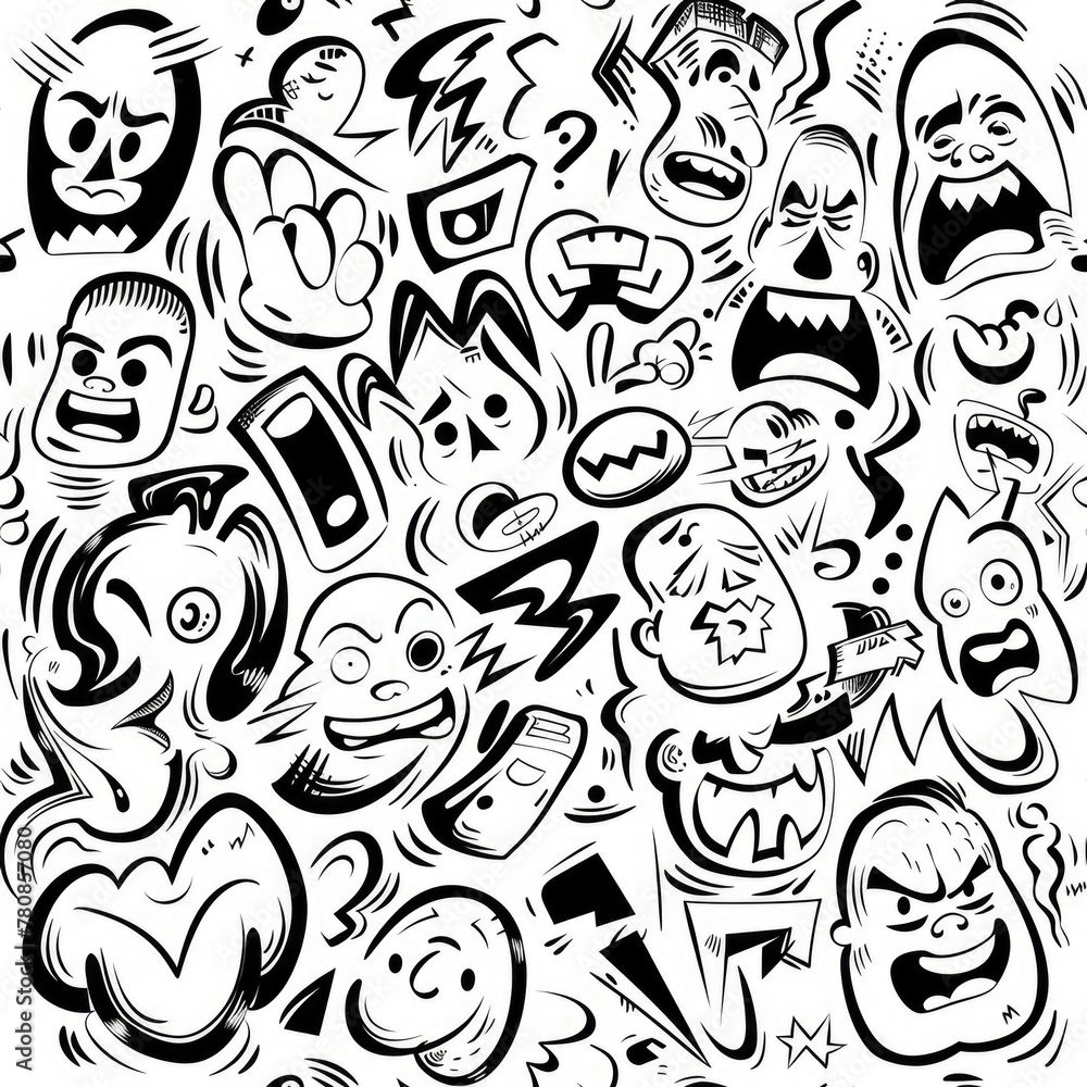 Poster A black and white drawing of multiple cartoon faces. Suitable for various design projects