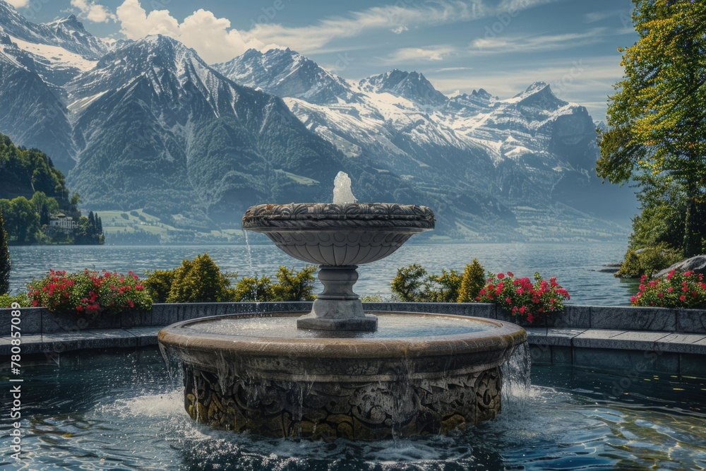 Poster a fountain in the middle of a lake with majestic mountains in the background. ideal for travel and n