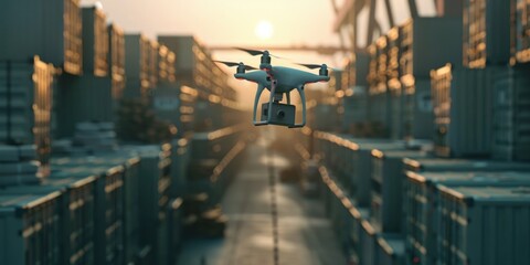 A drone is flying over a warehouse. The drone is flying low to the ground and is surrounded by a lot of boxes. The sky is orange and the sun is setting