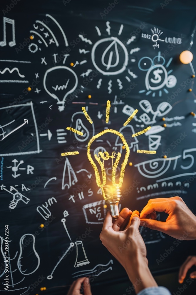 Poster person holding a light bulb in front of a blackboard. suitable for educational concepts