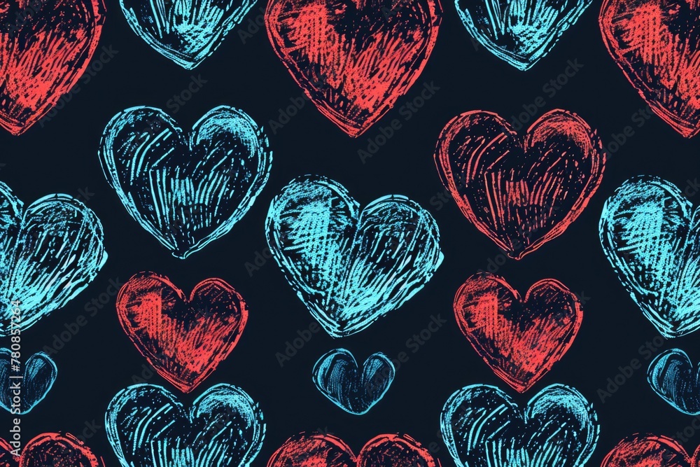 Poster a pattern of hearts with blue and red colors. the hearts are drawn with a crayon and are in differen