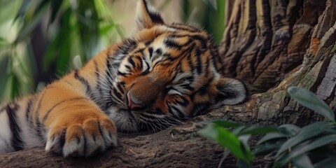 A baby tiger is sleeping on a tree branch. Concept of innocence and tranquility, as the young animal rests peacefully in its natural habitat - Powered by Adobe