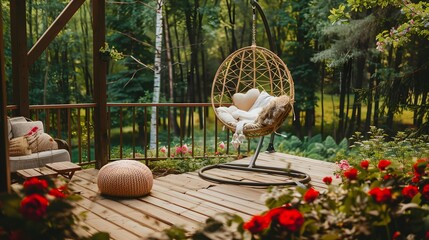 Hanging chair and pouf on wooden veranda in the middle of garden with flowers.