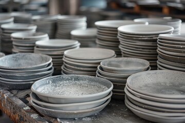 A bunch of plates sitting on a table, perfect for kitchen or dining concepts