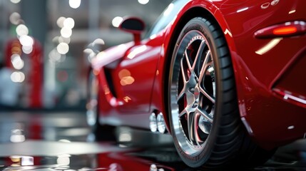 A red sports car parked in a showroom. Ideal for automotive industry promotions