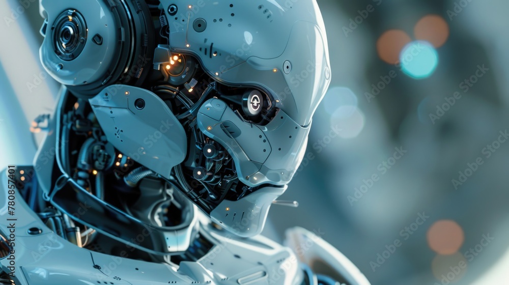 Poster Close up of a robot's head with glowing lights in the background. Suitable for technology and futuristic concepts