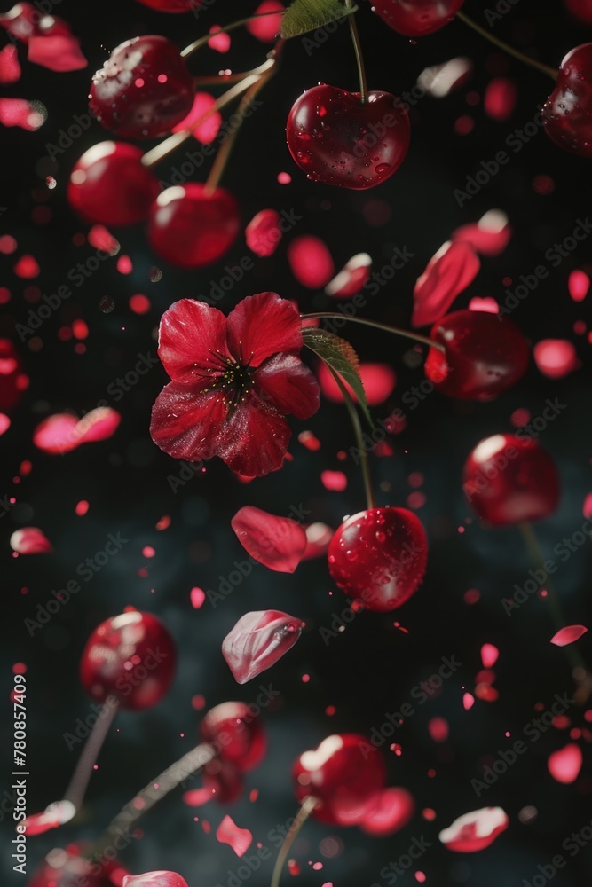 Poster A bunch of red flowers floating in the air. Perfect for adding a pop of color to your design projects