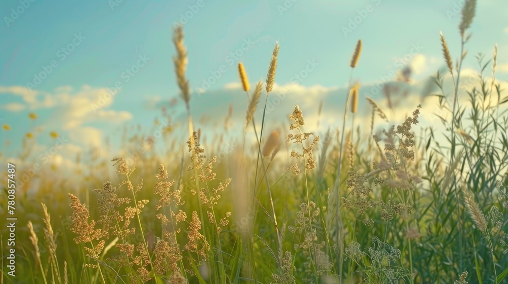 Poster a serene view of a field of tall grass with a clear blue sky in the background. ideal for nature and