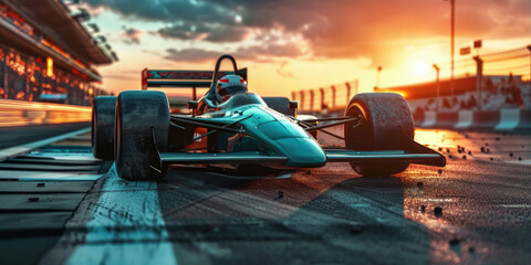 A race car is on a track with a sunset in the background. The car is in motion and he is speeding - obrazy, fototapety, plakaty