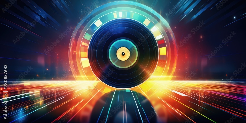 Poster a colorful, abstract image of a record player with a colorful background. scene is energetic and vib