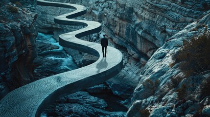 A person standing on a bridge in a canyon. Suitable for travel blogs