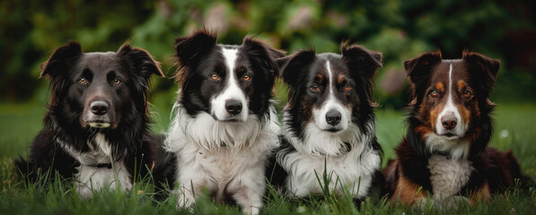 Three dogs sitting in the grass, suitable for pet-related content