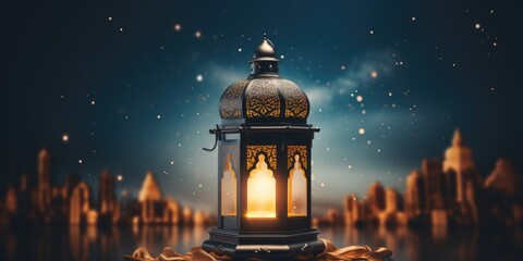 A lantern is lit up in the night sky, surrounded by a cityscape. The lantern is the main focus of the image, and it creates a warm and inviting atmosphere. The cityscape in the background adds depth - obrazy, fototapety, plakaty